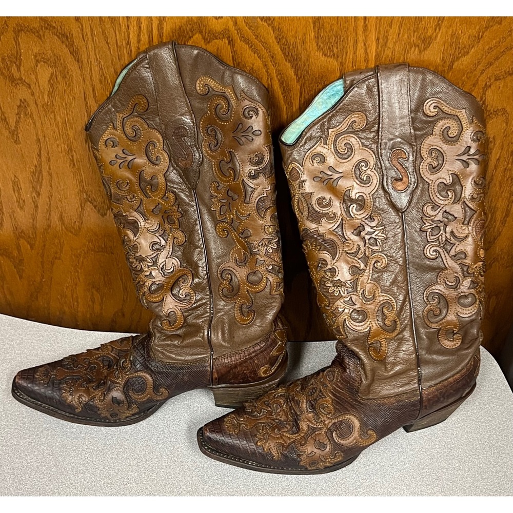 Corral Vintage Brown Leather Lizard Embossed Overlay Cowboy Boots L1052 Size 9 M
